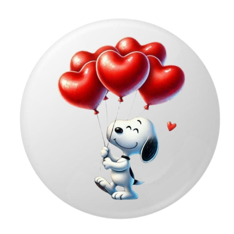 Insigna rotunda catel cu baloane in forma de inima, 58 mm, prindere cu ac metalic