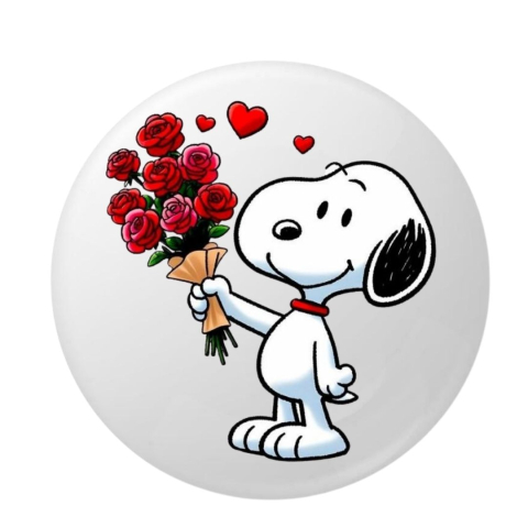 Insigna rotunda catel simpatic cu buchet de trandafiri, 58 mm, prindere cu ac metalic