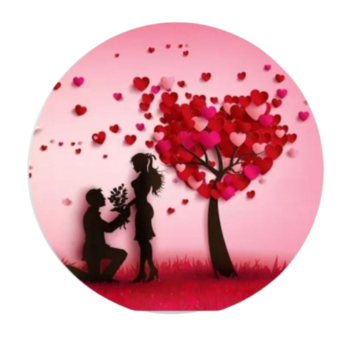 PAPETARIE & BIROTICA - Insigna rotunda cerere in casatorie sub copac cu inimi, 58 mm, model romantic roz cu prindere ac