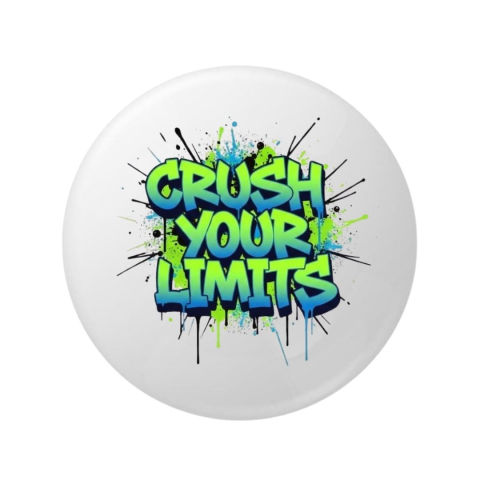 Insigna rotunda Crush Your Limits, 58 mm, prindere cu ac metalic