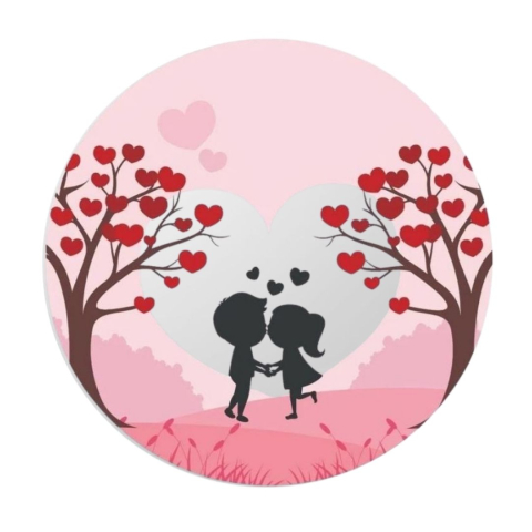 PAPETARIE & BIROTICA - Insigna rotunda cuplu sub copaci cu inimioare, 58 mm, model romantic pastel cu prindere ac