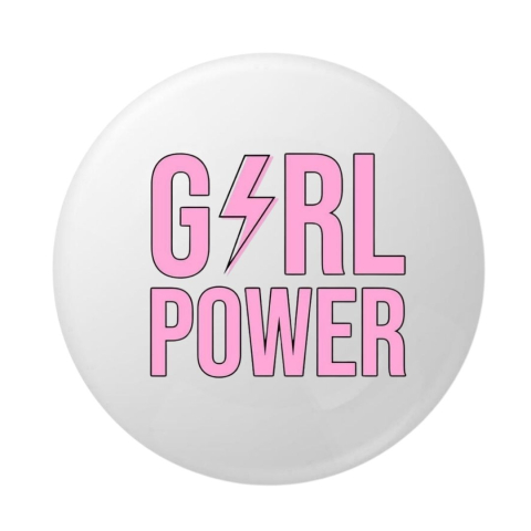 PAPETARIE & BIROTICA - Insigna rotunda Girl Power cu design tipografic roz si simbol fulger, 58 mm