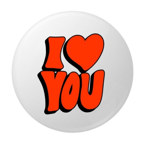 PAPETARIE & BIROTICA - Insigna rotunda I Love You, 58 mm, fundal alb, mesaj rosu cu contur negru, ac metalic