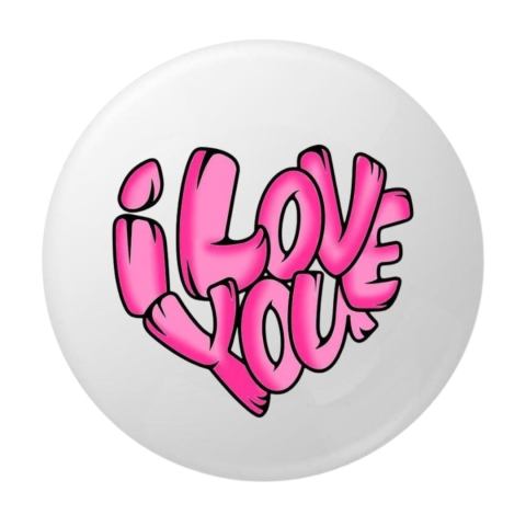 Insigne - Insigna rotunda I Love You, mesaj romantic roz, 58 mm, sistem prindere cu ac metalic