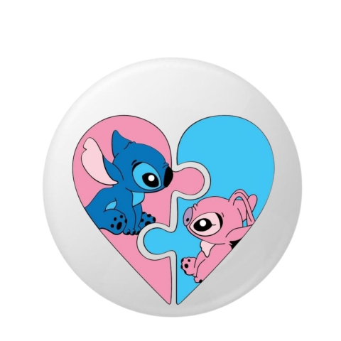 Insigne - Insigna rotunda inimioara puzzle cu personaje simpatice, 58 mm, prindere cu ac metalic