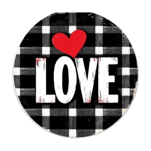 PAPETARIE & BIROTICA - Insigna rotunda LOVE cu inima rosie si fundal carouri alb-negru, 58 mm, model rustic modern cu prindere ac