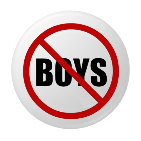 PAPETARIE & BIROTICA - Insigna rotunda mesaj NO BOYS, 58 mm, fundal alb, sistem prindere cu ac metalic