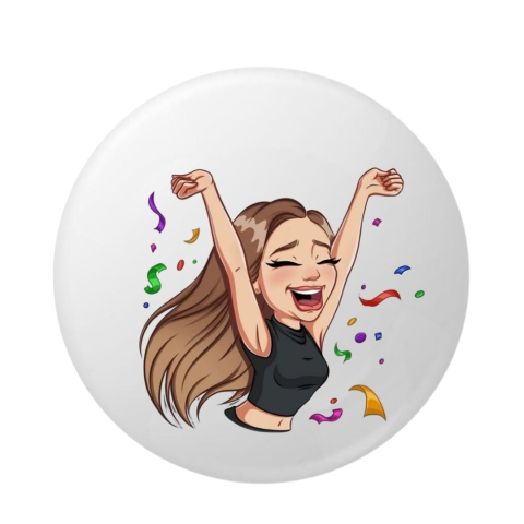 PAPETARIE & BIROTICA - Insigna rotunda model fata vesela cu confetti, design animat expresiv, 58 mm, prindere cu ac