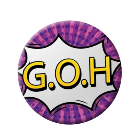 PAPETARIE & BIROTICA - Insigna rotunda model G.O.H., design comic mov cu explozie grafica, 58 mm