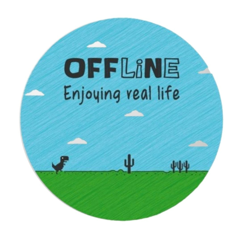 PAPETARIE & BIROTICA - Insigna rotunda OFFLINE Enjoying Real Life, 58 mm, model mesaj motivational, sistem prindere cu ac metalic