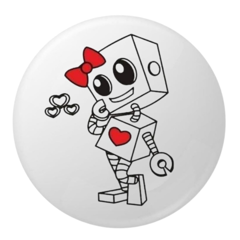 Insigna rotunda robotel cu fundita si inimioara, 58 mm, prindere cu ac metalic