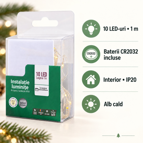 Instalatie de Craciun alb cald 1 m, 10 LED-uri, fir de cupru, baterii CR2032 incluse, pentru interior, IP20 [2]