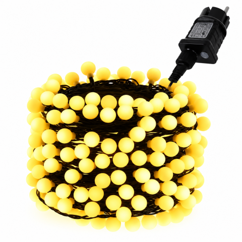 Diverse uz casnic - Instalatie luminoasa LED cu globuri, Alb Cald, 30 m iluminati + 2 m alimentare, 300 LED, cablu negru, exterior si interior
