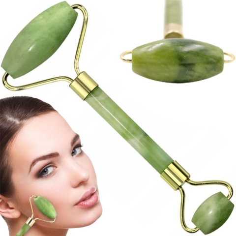 Jade roller de masaj facial cu role, piatra naturala, efect lifting si relaxare, imbunatatirea circulatiei, nuante verde jad [1]