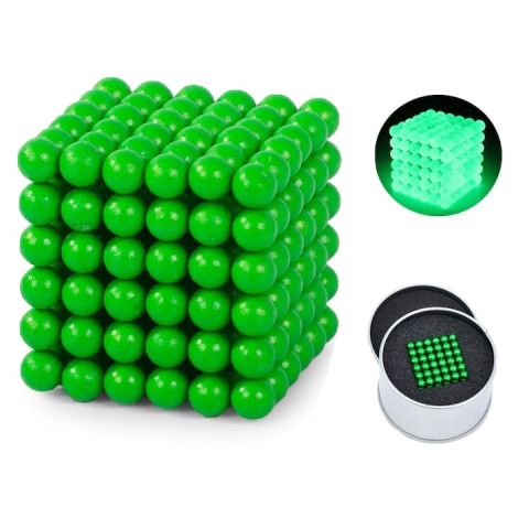 Joc cu bile magnetice NeoCube, verde fluorescent, cub 3.2 x 3.2 x 3.2 cm, 216 bile magnetice din neodim 5 mm, set antistres cu cutie metalica si fereastra transparenta, 14+ [3]
