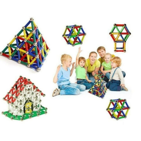 JOCURI ȘI JUCĂRII - Joc de constructie magnetic multicolor, 50 piese 3D, set educativ cu forme geometrice si magneti, pentru dezvoltarea creativitatii si gandirii spatiale, 3 ani+