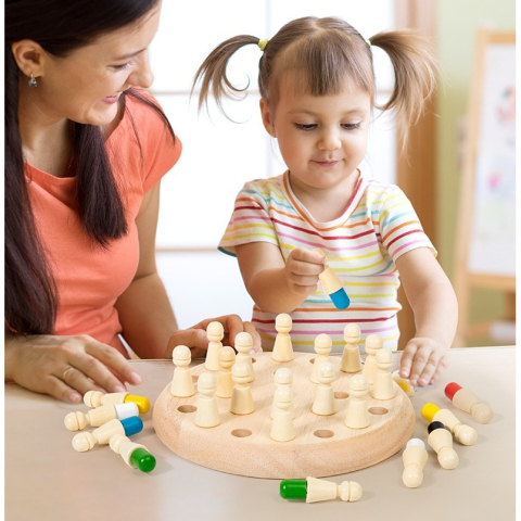 Joc de Memorie din Lemn pentru Toata Familia, Tabla Rotunda 17 cm, 24 Pioni Colorati, Joc Educativ Interactiv pentru Copii +4 Ani, 6 Culori, Multicolor [5]