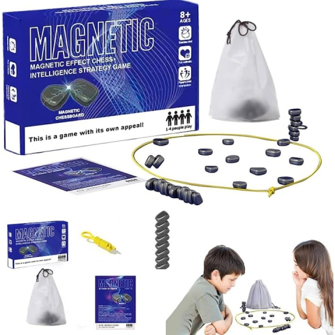 Joc de strategie cu magneti, negru, 20 piese, joc de societate pentru familie, 1-4 jucatori, cu snur delimitare si sac textil [1]