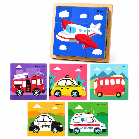 JOCURI ȘI JUCĂRII - Joc din lemn multicolor 11 x 11 x 3.2 cm cu 9 cuburi rotative, 6 puzzle-uri cu mijloace de transport, joc educativ pentru copii 4-6 ani