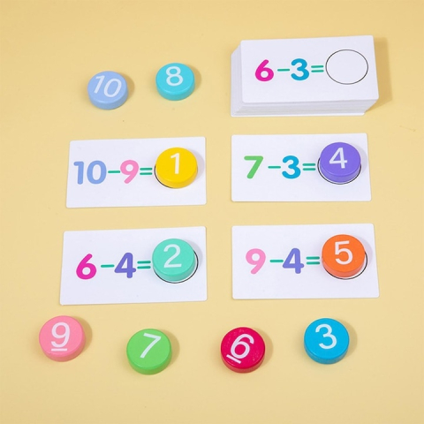 Joc educativ de matematica cu cartonase si placute din lemn, invatare prin joaca, adunare si scadere, 56 cartonase [5]