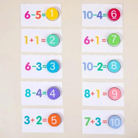 Joc educativ de matematica cu cartonase si placute din lemn, invatare prin joaca, adunare si scadere, 56 cartonase [3]