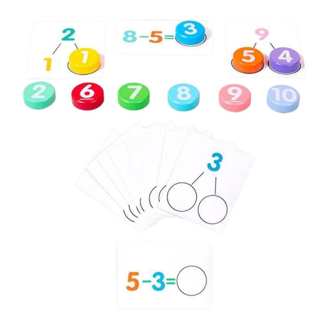 JOCURI ȘI JUCĂRII - Joc educativ de matematica cu cartonase si placute din lemn, invatare prin joaca, adunare si scadere, 56 cartonase