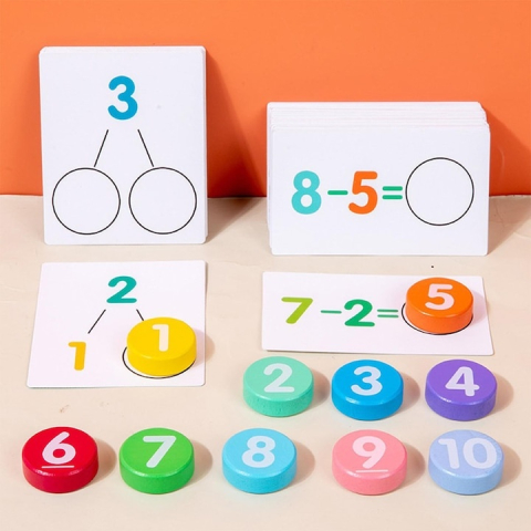Joc educativ de matematica cu cartonase si placute din lemn, invatare prin joaca, adunare si scadere, 56 cartonase [2]