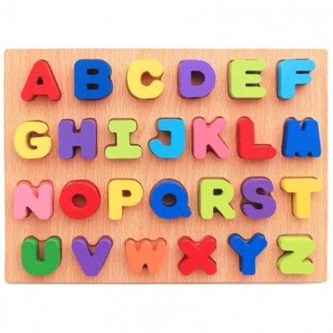 JOCURI ȘI JUCĂRII - Joc educativ din lemn multicolor 30 x 23 x 0.5 cm, tabla alfabet cu 26 litere, puzzle incastru pentru copii, invatare litere si culori, 3+ ani