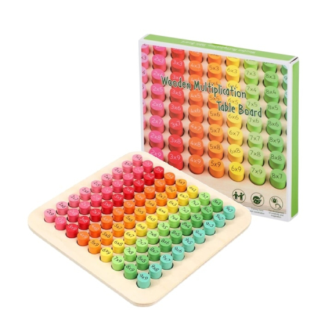 Jucării Interactive - Joc educativ din lemn pentru invatarea tablei inmultirii, 22x22 cm, piese imprimate fata-verso, culori diferentiate, dezvoltare logica si memorie, +7 ani