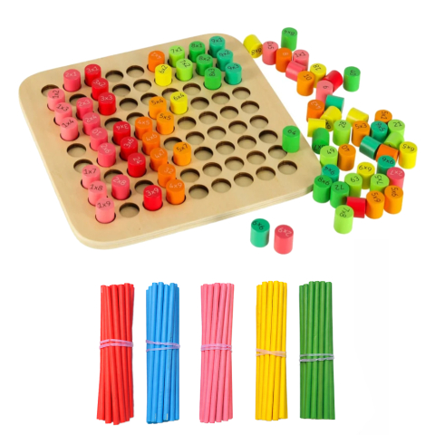 JOCURI ȘI JUCĂRII - Joc educativ din lemn tabla inmultirii + betisoare de numarat colorate, set invatare matematica copii, dezvoltare logica