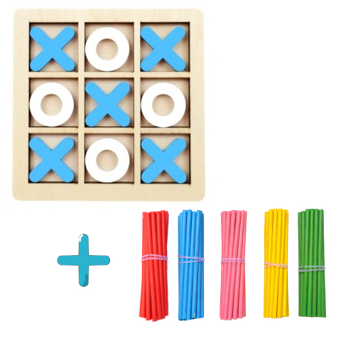 JOCURI ȘI JUCĂRII - Joc educativ din lemn X si 0 + 100 betisoare colorate, set invatare numarare copii, dezvoltare logica si coordonare