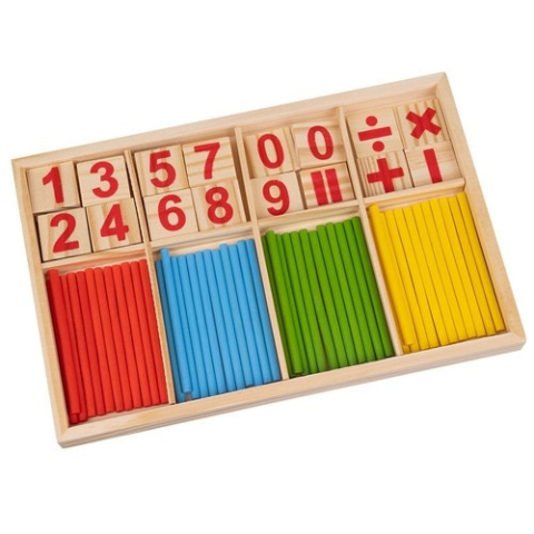 JOCURI ȘI JUCĂRII - Joc educativ matematic din lemn cu betisoare colorate, numere si simboluri, 72 piese pentru invatare interactiva