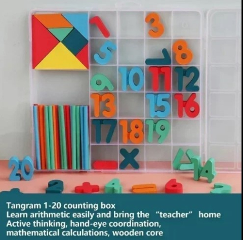 Joc educativ Montessori Tangram din lemn, multicolor, 20 x 19 x 2 cm, 7 piese geometrice, 30 bete pentru numarare, cifre 1-20 si 8 simboluri matematice [7]