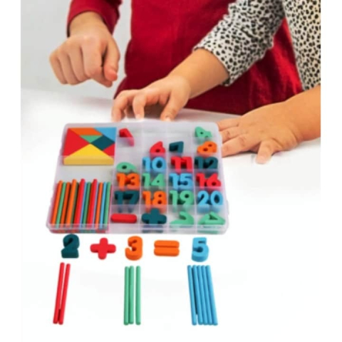 Joc educativ Montessori Tangram din lemn, multicolor, 20 x 19 x 2 cm, 7 piese geometrice, 30 bete pentru numarare, cifre 1-20 si 8 simboluri matematice [4]