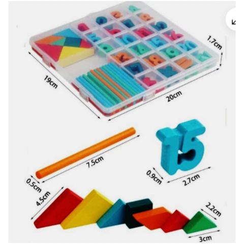 Joc educativ Montessori Tangram din lemn, multicolor, 20 x 19 x 2 cm, 7 piese geometrice, 30 bete pentru numarare, cifre 1-20 si 8 simboluri matematice [3]