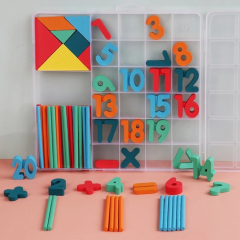 Joc educativ Montessori Tangram din lemn, multicolor, 20 x 19 x 2 cm, 7 piese geometrice, 30 bete pentru numarare, cifre 1-20 si 8 simboluri matematice [2]