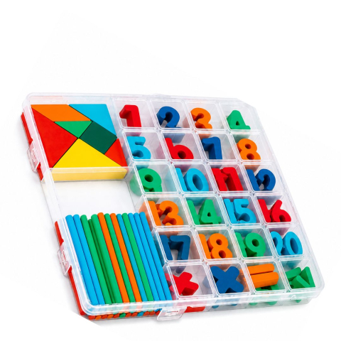 JOCURI ȘI JUCĂRII - Joc educativ Montessori Tangram din lemn, multicolor, 20 x 19 x 2 cm, 7 piese geometrice, 30 bete pentru numarare, cifre 1-20 si 8 simboluri matematice