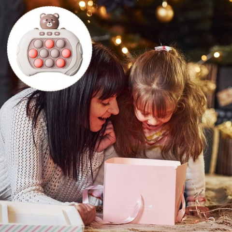 Joc electronic educativ pentru copii, Pop It Maxlife MXPS-100, 4 functii interactive, lumini si sunete, model Ursulet Alb-Maro – jucarie portabila pentru dezvoltarea atentiei si coordonarii [1]