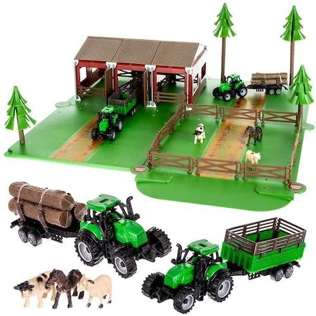 Jucării Interactive - Set complet pentru copii,102 piese Ferma cu animale,tractoare,gospodarie - Multicolor