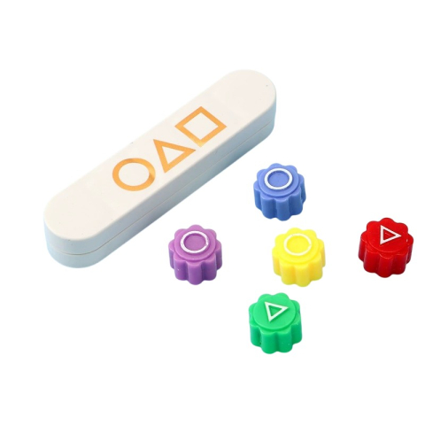 Poker si ruleta - Joc Gonggi traditional coreean, set 5 piese multicolore cu simboluri geometrice si cutie