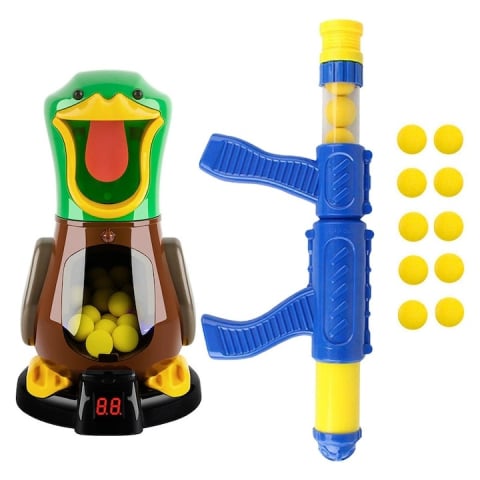 JOCURI ȘI JUCĂRII - Joc interactiv de tras la tinta pentru copii, ratoi XXL cu ecran LED pentru scor, 1 pusca si 10 bile din spuma, functionare cu aer, dezvoltarea coordonarii si competitiei, multicolor