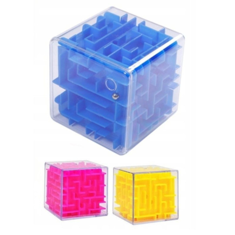 JOCURI ȘI JUCĂRII - Joc labirint tip cub, roz, albastru sau galben, 3.7 x 3.7 x 3.7 cm, labirint 3d cu bila metalica, joc educativ de indemanare pentru copii 3+ ani