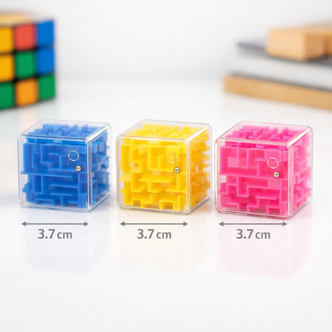 Joc labirint tip cub, roz, albastru sau galben, 3.7 x 3.7 x 3.7 cm, labirint 3d cu bila metalica, joc educativ de indemanare pentru copii 3+ ani [5]
