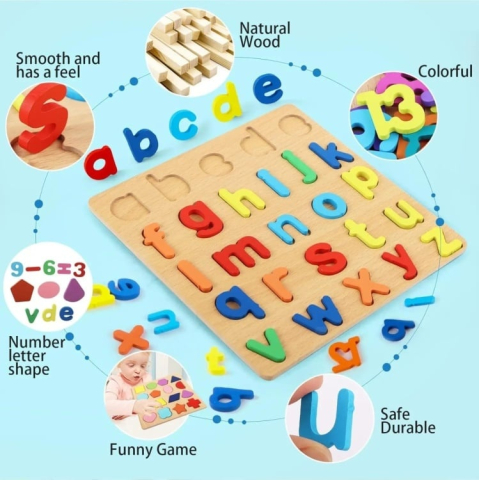 Joc Montessori din lemn cu alfabet, multicolor, 26 litere, puzzle educativ pentru invatarea literelor, dezvoltarea atentiei si coordonarii [1]