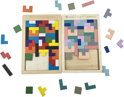 Joc puzzle pentru copii, tetris, educativ, 40 piese, lemn, culori pastelate, 3+ ani, 26.5 x 17.7 cm [1]