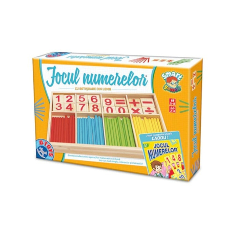 Jocul numerelor din lemn, Montessori, pentru invatarea operatiilor matematice, 2-4 jucatori, 52 betisoare, cifre, semne matematice si suport din lemn, 5-8 ani [1]