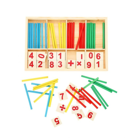 Jucării Interactive - Jocul numerelor din lemn, Montessori, pentru invatarea operatiilor matematice, 2-4 jucatori, 52 betisoare, cifre, semne matematice si suport din lemn, 5-8 ani