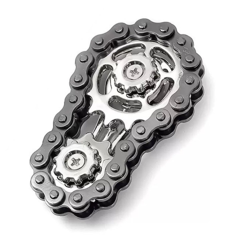 JOCURI ȘI JUCĂRII - Jucarie antistres argintie 6 x 3.5 cm, fidget metalic cu lant tip bicicleta si mecanism rotativ, accesoriu compact pentru dexteritate si relaxare