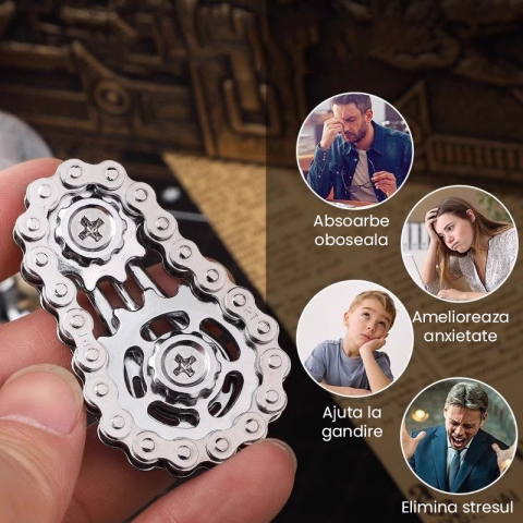 Jucarie antistres argintie 6 x 3.5 cm, fidget metalic cu lant tip bicicleta si mecanism rotativ, accesoriu compact pentru dexteritate si relaxare [2]