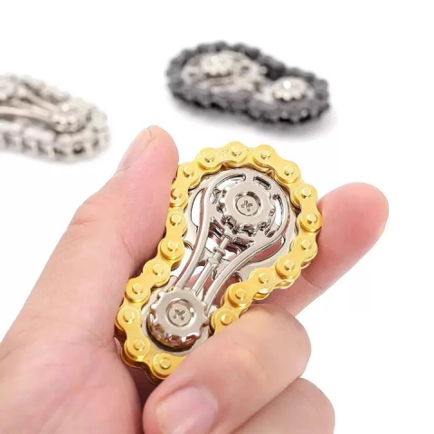 Jucarie antistres aurie 6 x 3.5 cm, fidget metalic cu lant tip bicicleta si mecanism rotativ, accesoriu compact pentru relaxare si dexteritate [4]